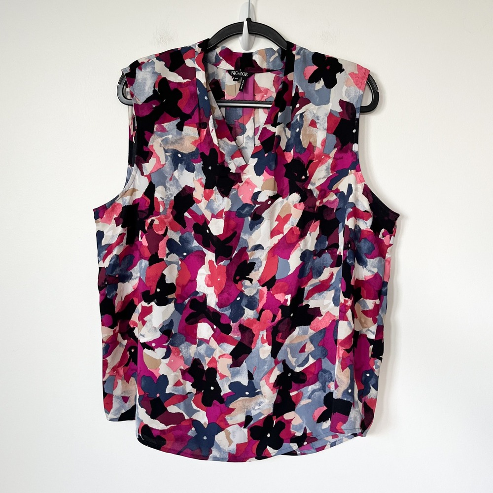 Nic+Zoe Abstract Floral Sleeveless V-Neck Blouse Womens XXL Pink Blue Black